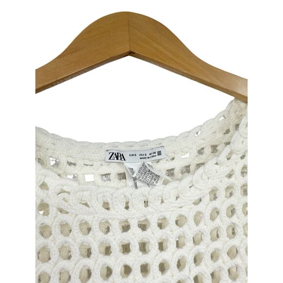 Zara Cream Beach Crochet Sweater Tank Cotton Coastal Grandma Womens Small - Picture 4 of 7